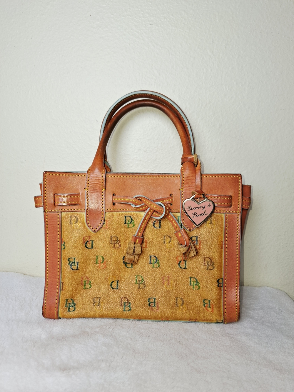 Dooney & Bourke Tan & Brown Logo Canvas Satchel with Leather Trim